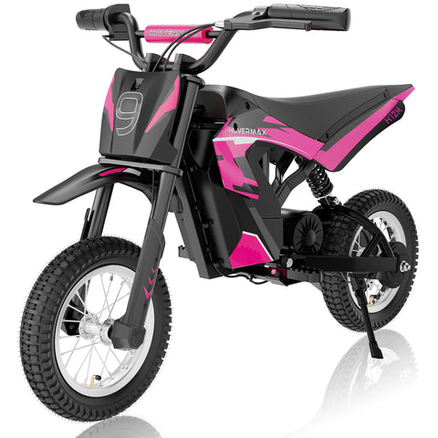 HOVERMAX H12M 24V Bicicleta de La Suciedad Eléctrica, 300W Motocicleta Eléctrica 12.5MPH Velocidad Máxima, 12in.  Neumáticos llenos de aire motocross para niños adolescentes, rosa