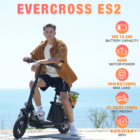 EVERCROSS ES2 Scooter électrique avec siège, 400W 18.6Mph et 22 ~ 28 miles de portée, scooter électrique pliant pour adultes E-Scooter de déplacement léger avec panier