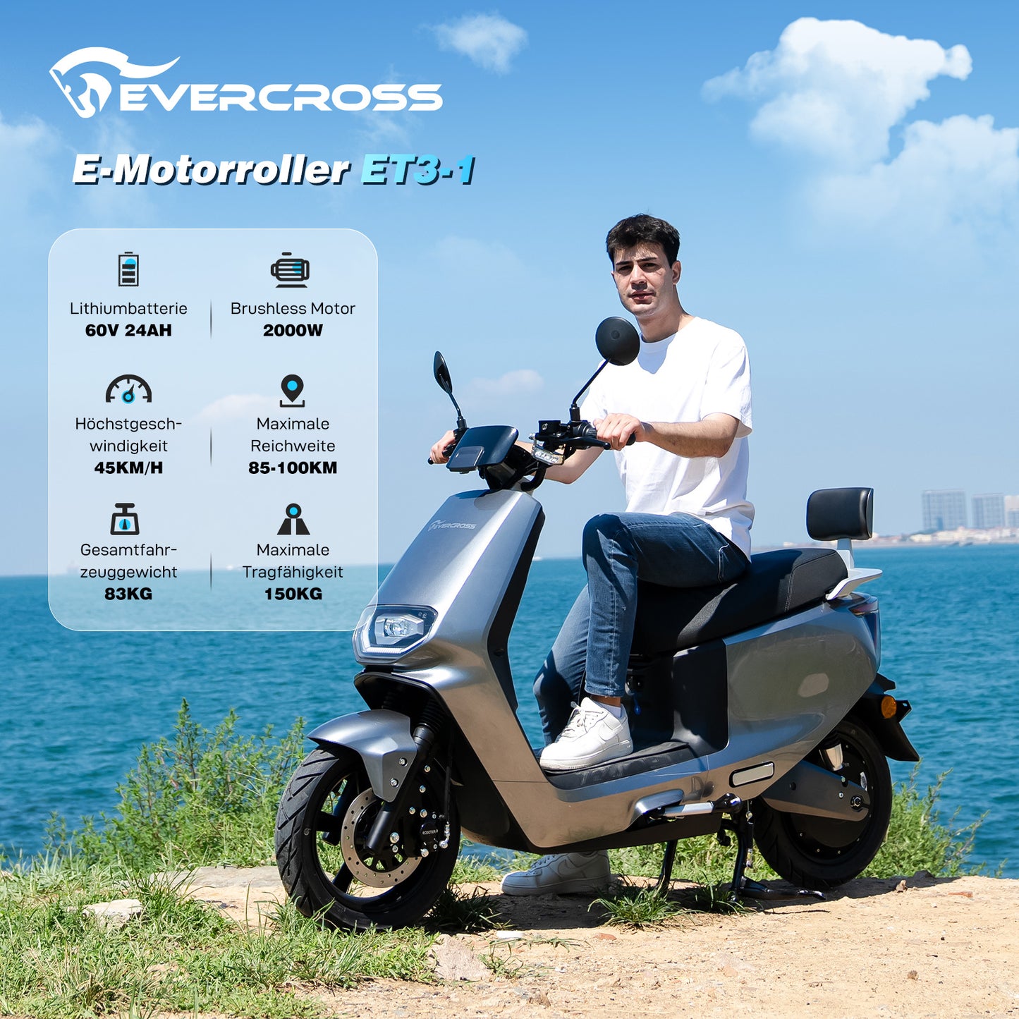EVERCROSS ET3-1 Elektroroller, 2000-W-Motor