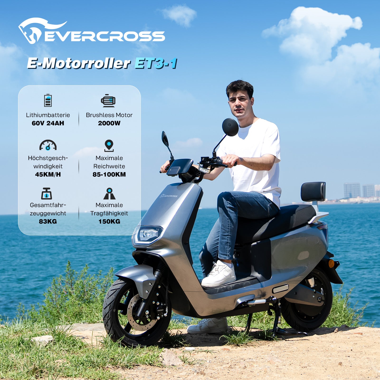 EVERCROSS ET3-1 Elektroroller, 2000-W-Motor
